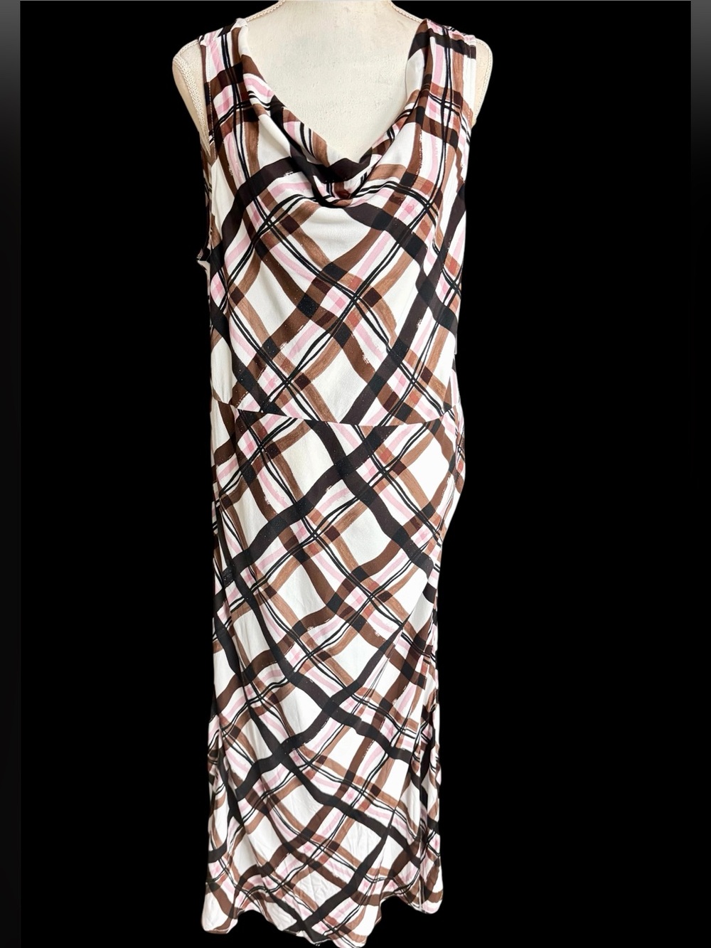 NWT Time and Tru Plaid Cowl Neck Maxi Dress L 12-14 100% Rayon Sleeveless